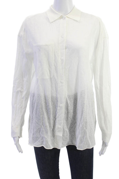 SWTR Womens Basic Collared Button-Up Top White Long Sleeve Linen Blend Size S