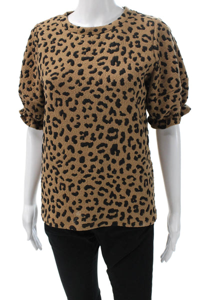 THML Women Leopard Print Crew Neck Short Sleeve Blouse Beige Size S
