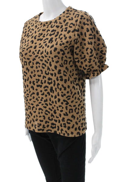 THML Women Leopard Print Crew Neck Short Sleeve Blouse Beige Size S