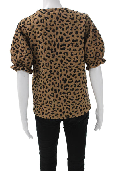 THML Women Leopard Print Crew Neck Short Sleeve Blouse Beige Size S