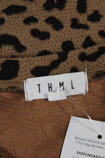 THML Women Leopard Print Crew Neck Short Sleeve Blouse Beige Size S