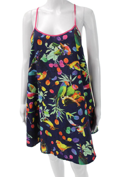 Indikah Women Slip Dress Dark Blue Bird Graphic Sleeveless Size S