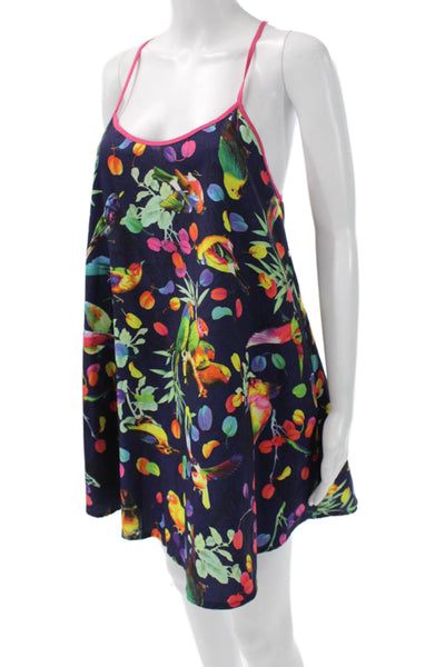 Indikah Women Slip Dress Dark Blue Bird Graphic Sleeveless Size S