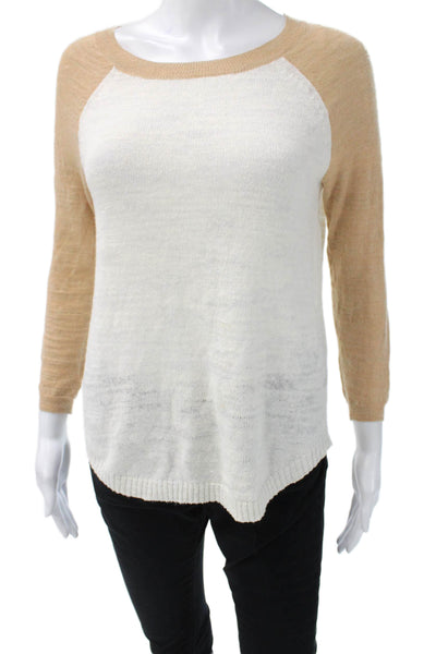J Crew Women Beige Pullover Sweaters 3/4 Sleeve Round Neck Linen Blend Size 2XS