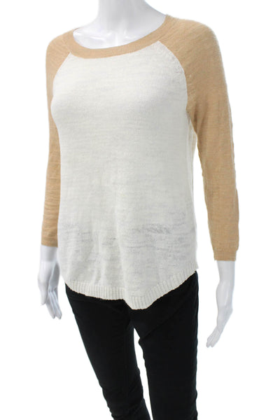 J Crew Women Beige Pullover Sweaters 3/4 Sleeve Round Neck Linen Blend Size 2XS