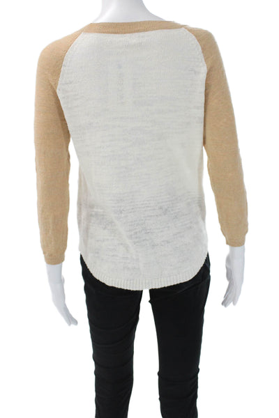 J Crew Women Beige Pullover Sweaters 3/4 Sleeve Round Neck Linen Blend Size 2XS