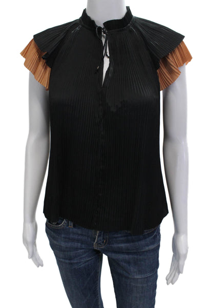 Ulla Johnson Women Black High Neck Short Sleeve Cotton Silk Blouse Size 0