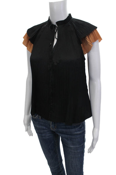 Ulla Johnson Women Black High Neck Short Sleeve Cotton Silk Blouse Size 0