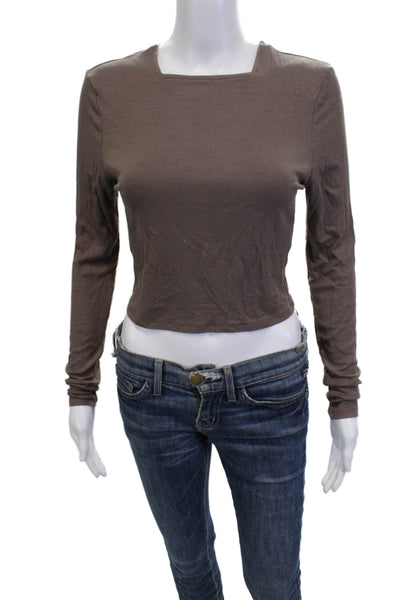 Joah Brown Women Cropped T-Shirt Brown Square Neck Long Sleeve 90s Size M