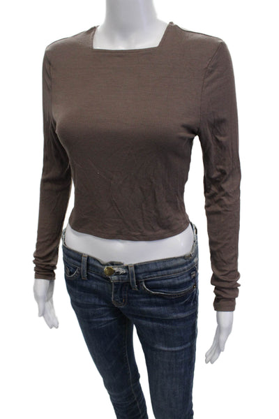 Joah Brown Women Cropped T-Shirt Brown Square Neck Long Sleeve 90s Size M