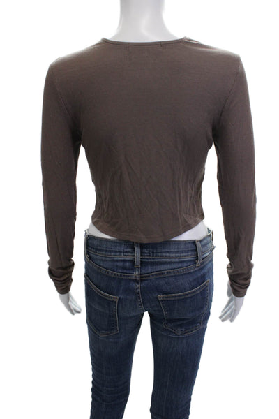 Joah Brown Women Cropped T-Shirt Brown Square Neck Long Sleeve 90s Size M