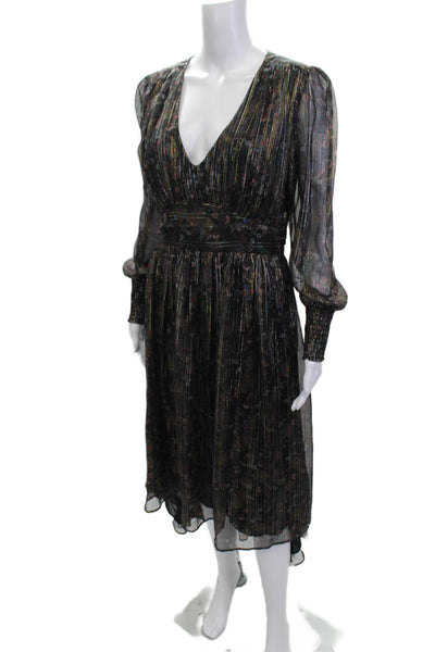 Allison Womens Fit & Flare Black Floral V-Neck Long Sleeve Dress Size S