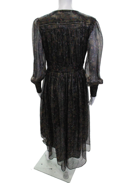Allison Womens Fit & Flare Black Floral V-Neck Long Sleeve Dress Size S