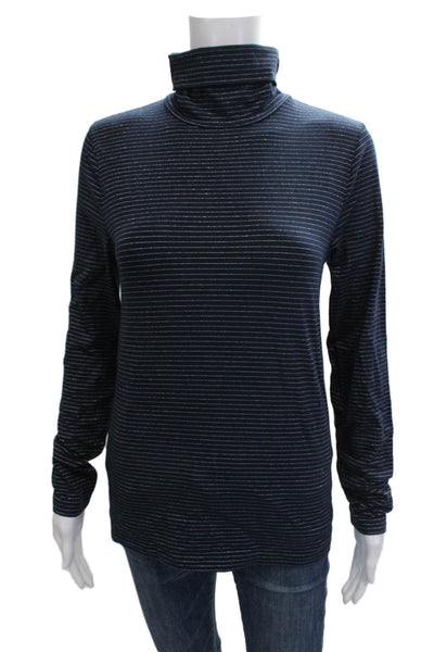 J Crew Women Dark Blue Striped Turtleneck Long Sleeve Basic Top Size S