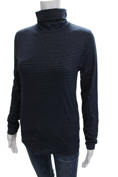 J Crew Women Dark Blue Striped Turtleneck Long Sleeve Basic Top Size S