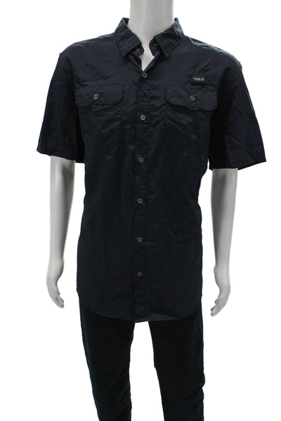 Wrangler Mens Short Sleeve Casual Collared Button-Down Shirt Solid Blue Size XL