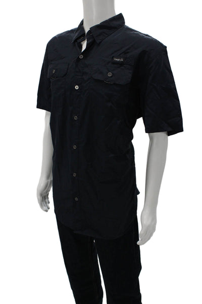 Wrangler Mens Short Sleeve Casual Collared Button-Down Shirt Solid Blue Size XL