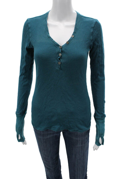 Michael Stars Womens Button-Up V-Neck Long Sleeve Blue Cotton Size One