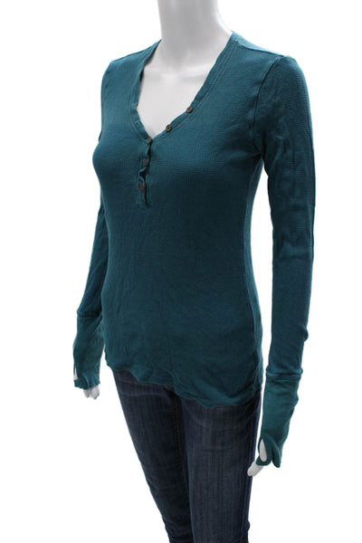 Michael Stars Womens Button-Up V-Neck Long Sleeve Blue Cotton Size One