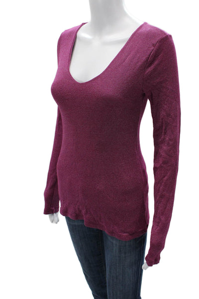 Michael Stars Women Basic T-Shirt Purple V-Neck Long Sleeve Solid Size One Size