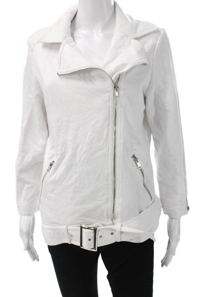 Neiman Marcus Women Biker Motorcycle Jacket White Buckle Collared Size L