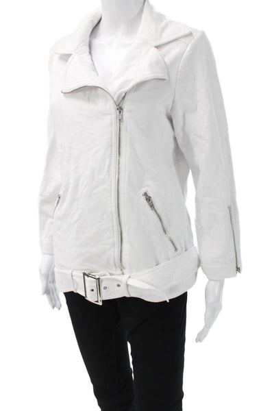 Neiman Marcus Women Biker Motorcycle Jacket White Buckle Collared Size L