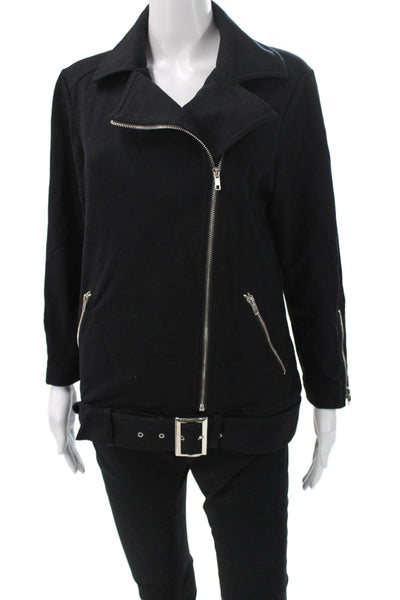 Neiman Marcus Women Motorcycle Jacket Black Collared Long Sleeve Buckle Size L