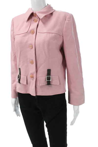 Blue Les Copains Women Pink Wool Buckle Collared Long Sleeve Jacket Size 46
