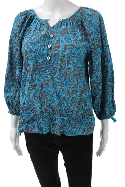Cleobella Womens Tunic Blouse Blue Paisley 3/4 Sleeve Boho Organic Size XS