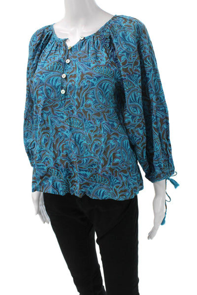 Cleobella Womens Tunic Blouse Blue Paisley 3/4 Sleeve Boho Organic Size XS