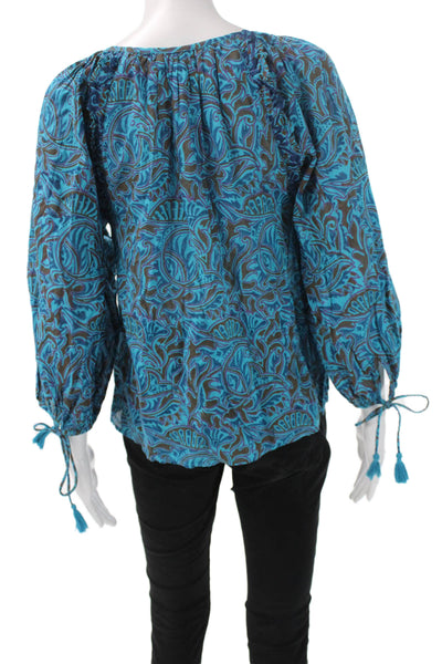 Cleobella Womens Tunic Blouse Blue Paisley 3/4 Sleeve Boho Organic Size XS