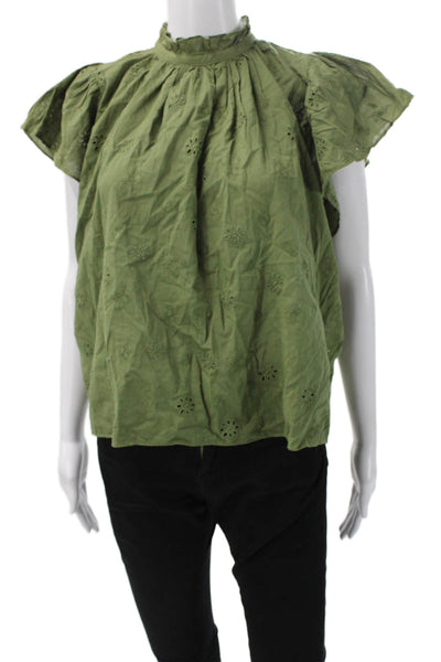 Birds of Paradis Womens Floral High Neck Cotton Short Sleeve Blouse Size XS