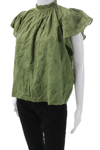 Birds of Paradis Womens Floral High Neck Cotton Short Sleeve Blouse Size XS