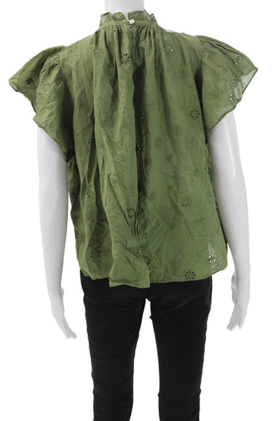 Birds of Paradis Womens Floral High Neck Cotton Short Sleeve Blouse Size XS