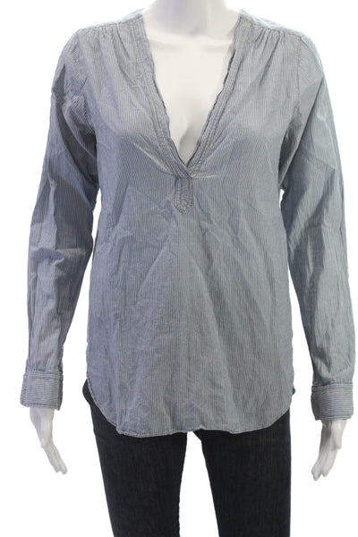 Nili Lotan Womens Tunic Blouse Blue Striped V Neck Long Sleeve Cotton Size XS