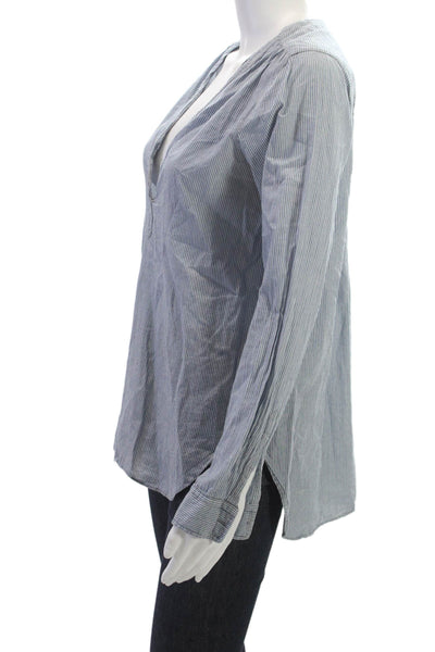 Nili Lotan Womens Tunic Blouse Blue Striped V Neck Long Sleeve Cotton Size XS