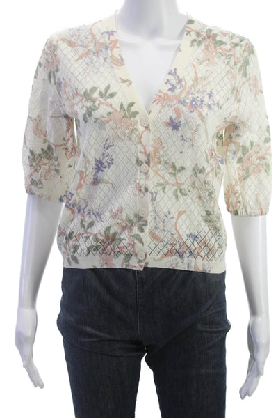 Twinset Women Beige Floral V-Neck Cardigan 3/4 Sleeve Button 100% Cotton Size S