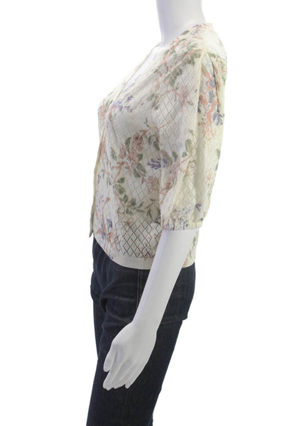 Twinset Women Beige Floral V-Neck Cardigan 3/4 Sleeve Button 100% Cotton Size S