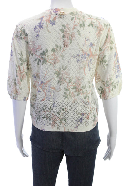 Twinset Women Beige Floral V-Neck Cardigan 3/4 Sleeve Button 100% Cotton Size S