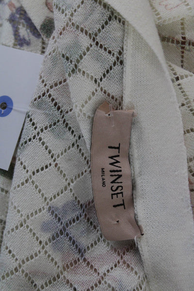 Twinset Women Beige Floral V-Neck Cardigan 3/4 Sleeve Button 100% Cotton Size S