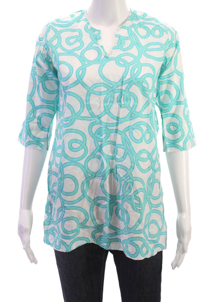 Gretchen Scott Women Light Blue Geometric Cotton Tunic 3/4 Sleeve Size 10