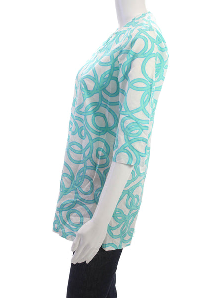 Gretchen Scott Women Light Blue Geometric Cotton Tunic 3/4 Sleeve Size 10