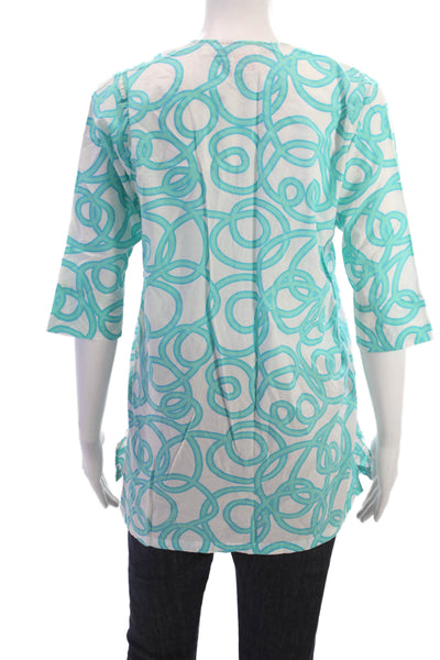 Gretchen Scott Women Light Blue Geometric Cotton Tunic 3/4 Sleeve Size 10