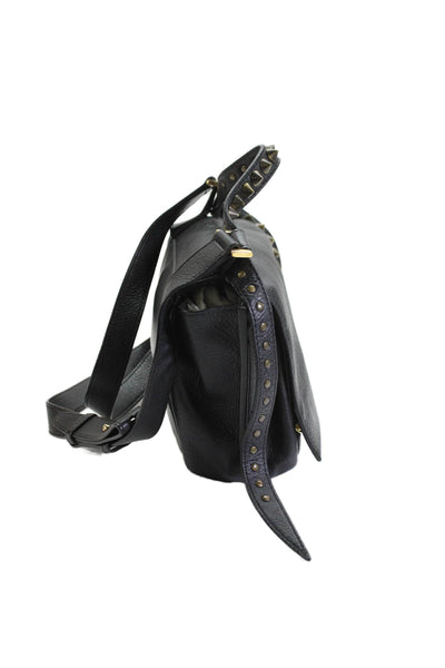 Elena Ghisellini Womens Leather Studded Crossbody Shoulder Handbag Black