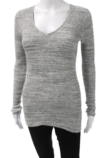 Margaret OLeary Womens Gray Striped V-Neck Cotton Pullover Sweater Size S