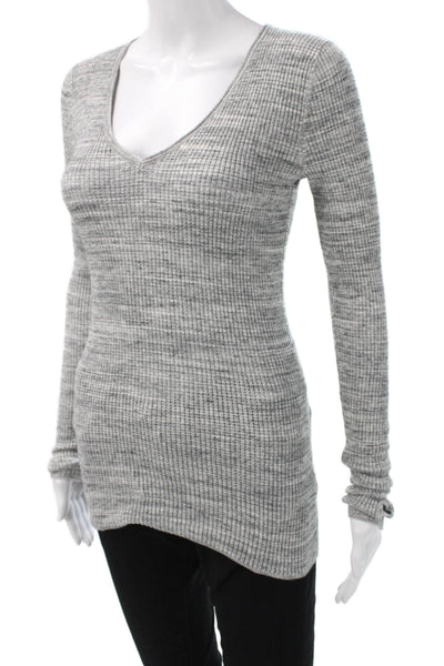 Margaret OLeary Womens Gray Striped V-Neck Cotton Pullover Sweater Size S