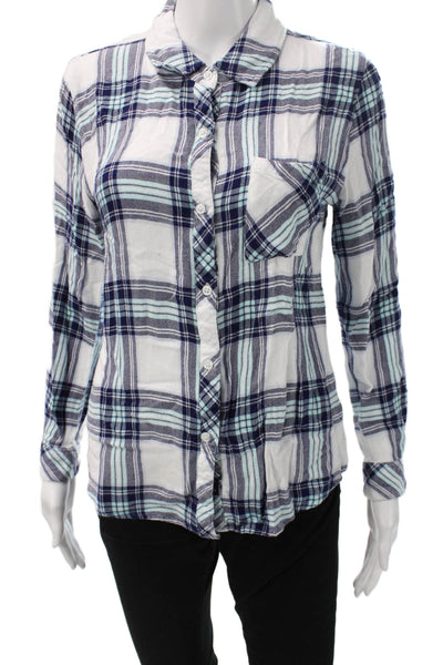 Rails Women Basic Button-Up Dark Blue Rayon Plaid Collared Long Sleeve Size M