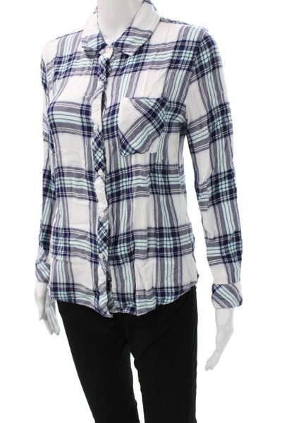 Rails Women Basic Button-Up Dark Blue Rayon Plaid Collared Long Sleeve Size M