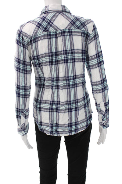 Rails Women Basic Button-Up Dark Blue Rayon Plaid Collared Long Sleeve Size M