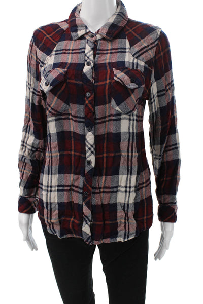 Rails Women Plaid Collared Rayon Button-Up Top Dark Blue Long Sleeve Size M